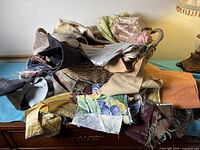 Overview of basket overflowing with mixed fabric pieces