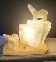 Lamp illuminated showing polar bears and ice-like column