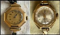 Side-by-side view of both gold-filled ladies mechanical watches showing dial designs and octagonal cases