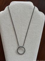 Full view of necklace on display form, showing chain and pendant proportions