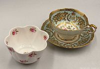 Paragon teacup on saucer next to Foley sugar bowl