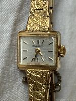 Close-up of Bulova ladies cocktail watch showing dial, case and part of bracelet