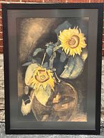 Full view of framed sunflower painting showing artwork, frame and glazing