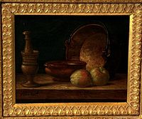 Close view of painting showing subject matter and artist signature