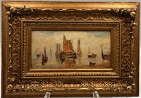 Front view of oil on board painting in ornate gilt frame