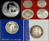Composite of curling coin, four Montreal coins, Panama coin, South Africa crown
