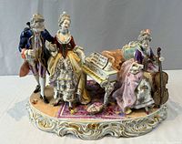 Full view of porcelain figural group showing all three musicians, harpsichord, cello and ornate base