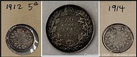 Collage of three coins: 1931 50¢ centre, 1912 5¢ left, 1914 10¢ right