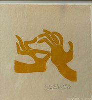 Front view of framed woodcut showing artwork, signature and title