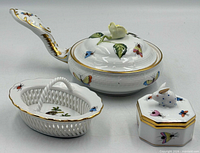Group view of bonbon dish, basket and trinket box