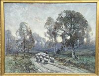 Framed watercolour painting in gilt wood frame with pastoral scene