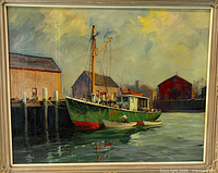 Front view of framed oil painting showing harbor scene and frame