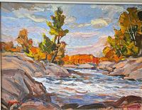 Close view of painted scene showing foliage, rocks, water, artist signature