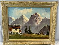 Front view of framed oil painting showing Swiss Alps scene and signature