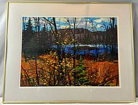 Full view of framed painting with mat and gold-tone frame