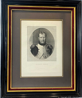 Full view of framed engraving showing frame style and mat