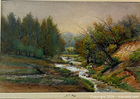 Close view of the watercolour image showing signature, date and landscape details
