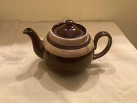 Full view of Brown Betty teapot showing shape, color and lid