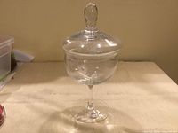 Assembled clear glass pedestal candy dish with lid in place