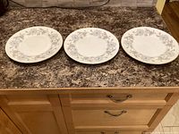 Three Coalport My Fair Lady dinner plates displayed side by side on countertop