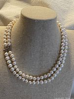 Full view of double-strand freshwater pearl choker on display bust