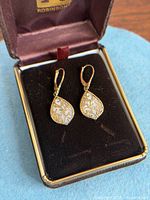 Full view of both drop earrings in presentation box, showing overall design, mother of pearl panels, scrollwork and lever backs