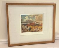 Full view of framed lithograph showing frame, mat and artwork
