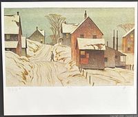 Full view of Grey Day lithograph showing winter village scene