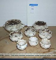 Front view showing all eight planters varying in size and condition