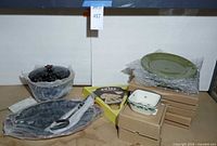 Overall lot showing tray, bowls, cheese board box, plates, dip bowl
