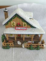 Front and side view of resin Ski School building showing design and snow details