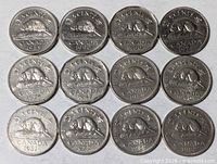 View of 12 Canadian five-cent coins