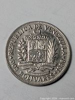 Obverse of 1968 Venezuela 2 Bolivares coin showing full design and date
