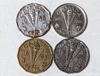 Fronts of all four Canada Victory nickels (1943, 1944, 1945, 2005) showing V-torch reverse designs