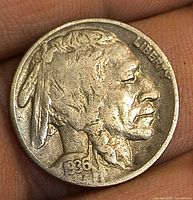 Obverse of 1936 Buffalo nickel showing Native American profile and date