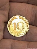 Obverse of 1991 German 10 Pfennig coin with denomination and mintmark