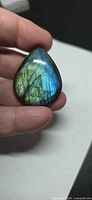 Front view of pear cabochon labradorite showing golden-blue flash