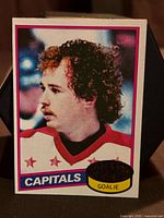 Front of Mike Palmateer Topps card showing image, team name, goalie puck logo