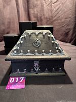 Full view of wooden pentagram trinket box with clasp