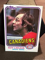Front of 1981-82 Topps Guy Lafleur #19 card showing portrait and CANADIENS title