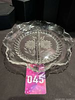 Top view showing divided dish, Corn Flower etching and ruffled edge