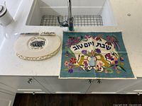 Challah board, knife and challah cover full view