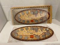 Front view of oval display card showing all coins and centre medallion inside plastic sleeve, outer box behind