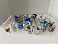 Full front view of 24 shot glasses displaying variety of designs