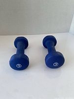 Pair of blue neoprene dumbbells showing weight markings
