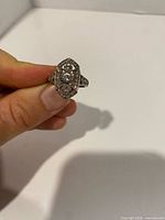Front view of sterling silver navette ring showing stone pattern