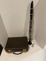 Clarinet assembled standing beside closed case and mouthpiece cap