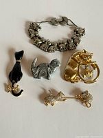 Overview of all four brooches and cat link bracelet