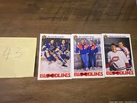 Three Upper Deck Bloodlines hockey cards laid out side by side on table