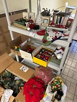 Shelving with multiple boxes and trays of assorted ornaments